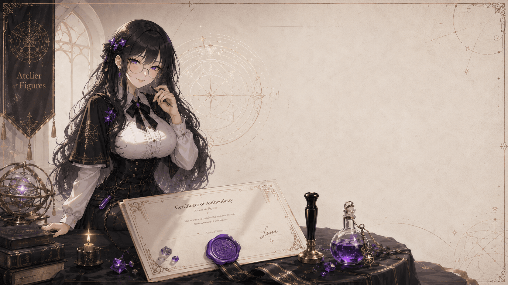 Luna com o Certificado de Autenticidade do Atelier of Figures