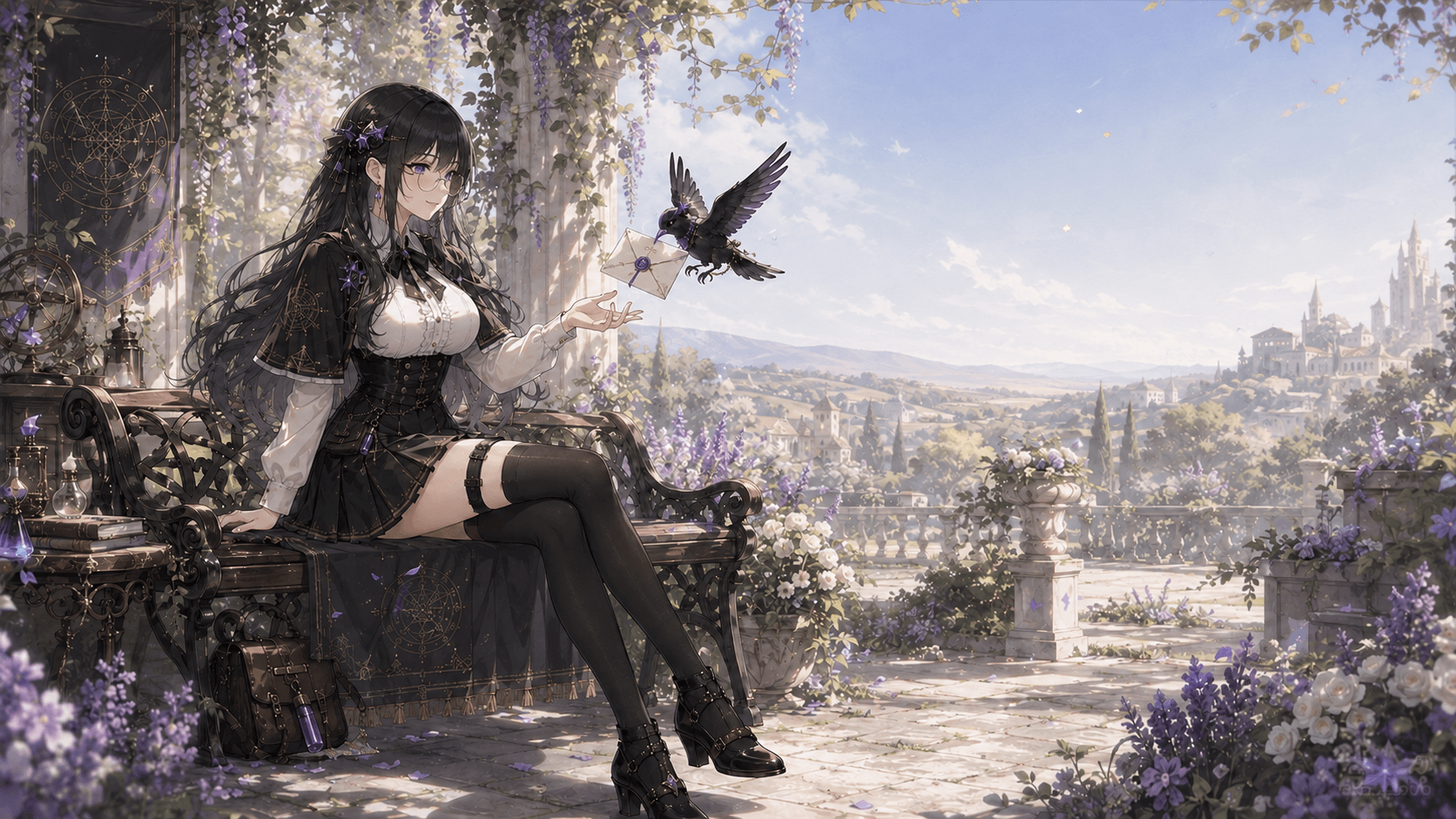 A Luna recebendo uma carta de um corvo mensageiro, no terraço do Atelier